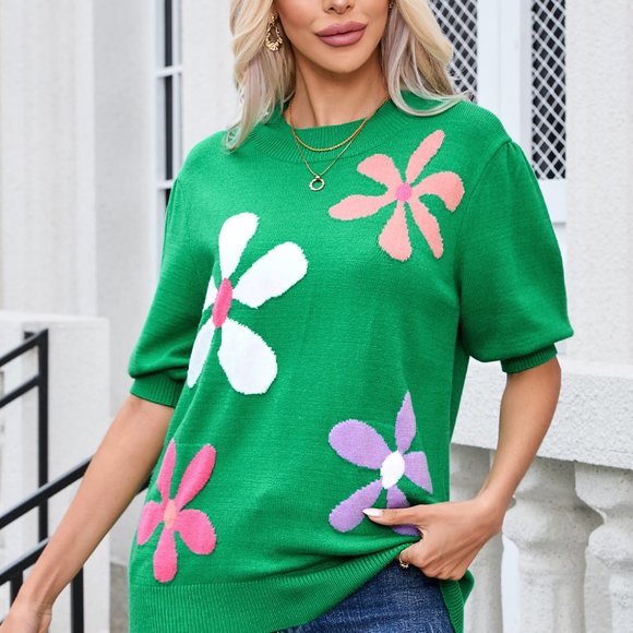 Bright Green Floral Bubble Short Sleeve Sweater - Picture 4 of 12
